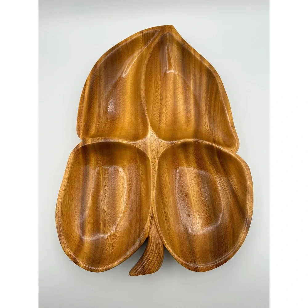 Vintage Hand Carved Monkey Pod Wood Leaf Divided Serving Tray Mid Century Tiki